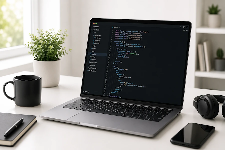 Desarrollo de software a la medida — laptop con código y dashboards de sistema interno