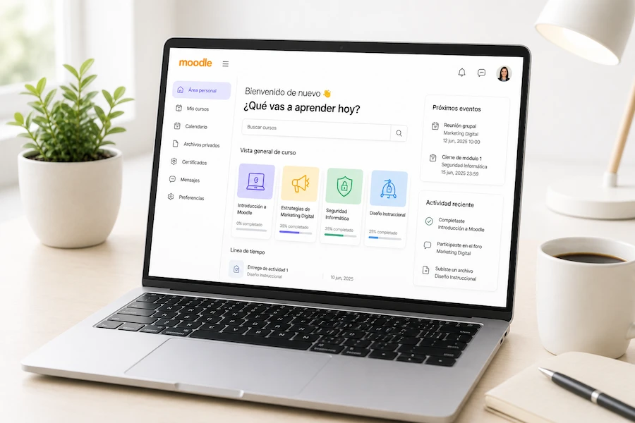Plataforma eLearning con Moodle personalizada — vista del LMS con cursos y certificados