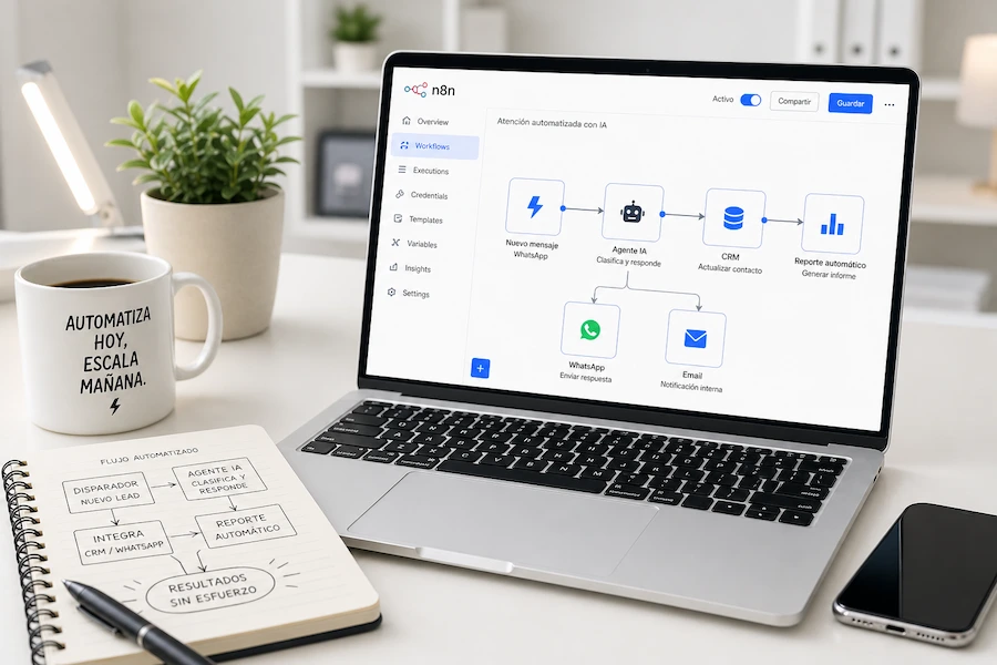 Automatización con IA — flujo n8n conectando CRM, WhatsApp y agentes de IA