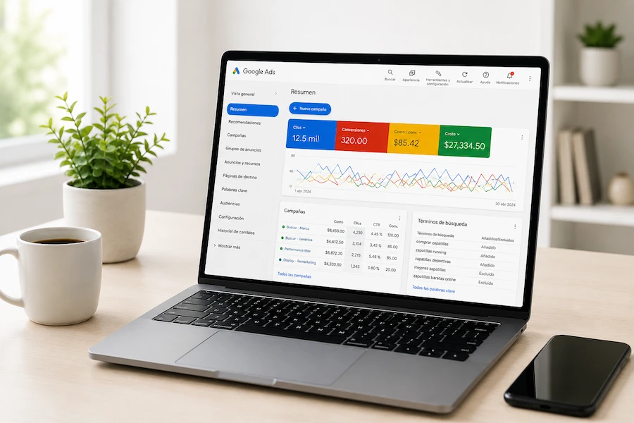 Gestión de Google Ads — tablero con métricas de campañas Search y Performance Max